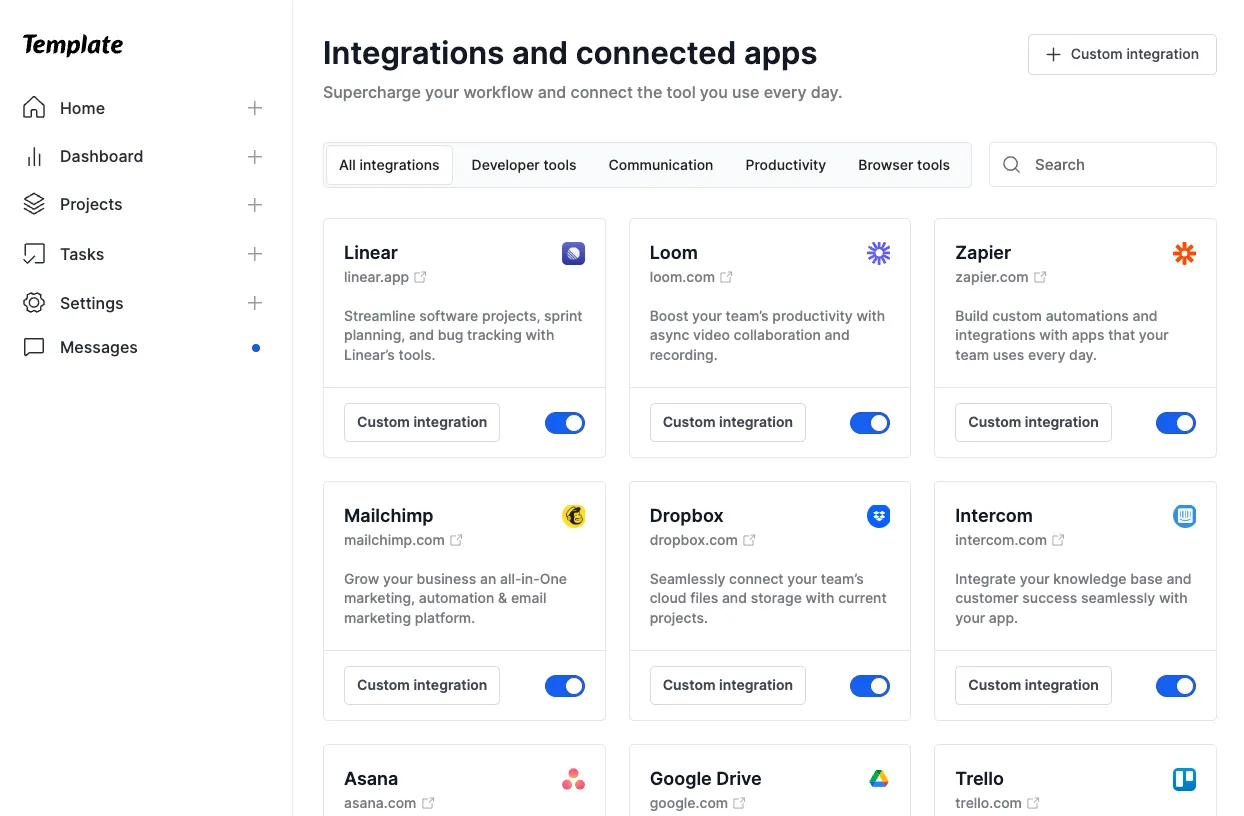 Integration Dashboard Template Webflow Template